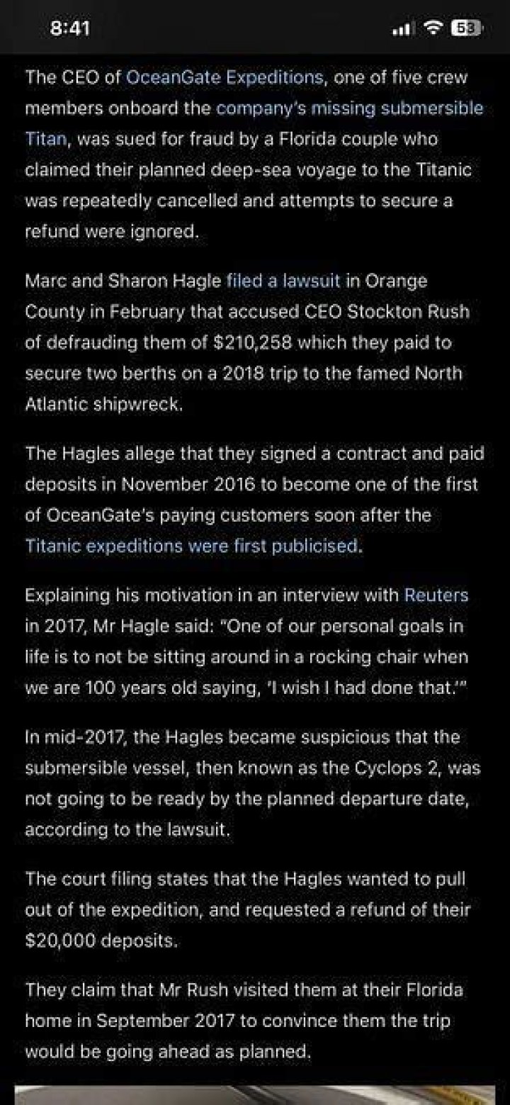 Who are Marc Hagle, Sharon Hagle? Florida couple sued OceanGate CEO Stockton Rush months before Titanic submersible went missing